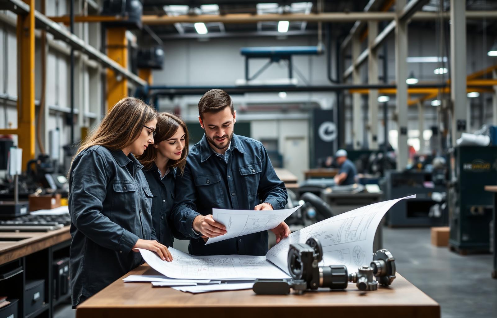 Equipe técnica analisando especificações industriais